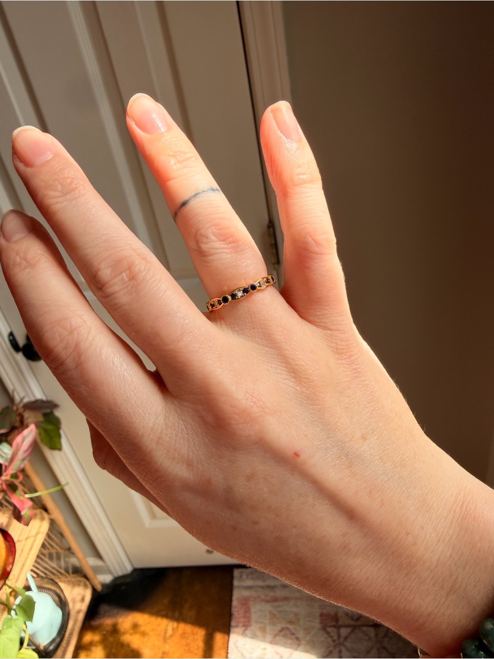 Dainty Gold plated Blue sapphire band Stackable Ring - sz 7